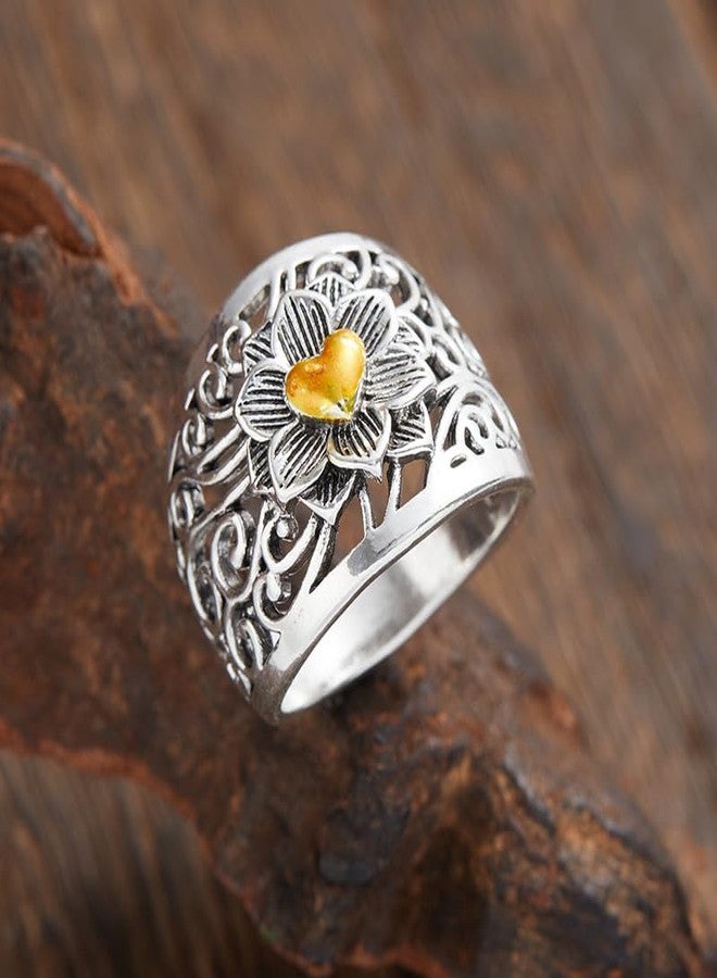 BlingNook Chunky Silver Boho Rings For Women, Vintage Style Heart Shaped Bohemia Trendy Stackable Ring Non Tarnish Mother Jewelry Wife Gift (Silver BOHO, 6) - Image 3